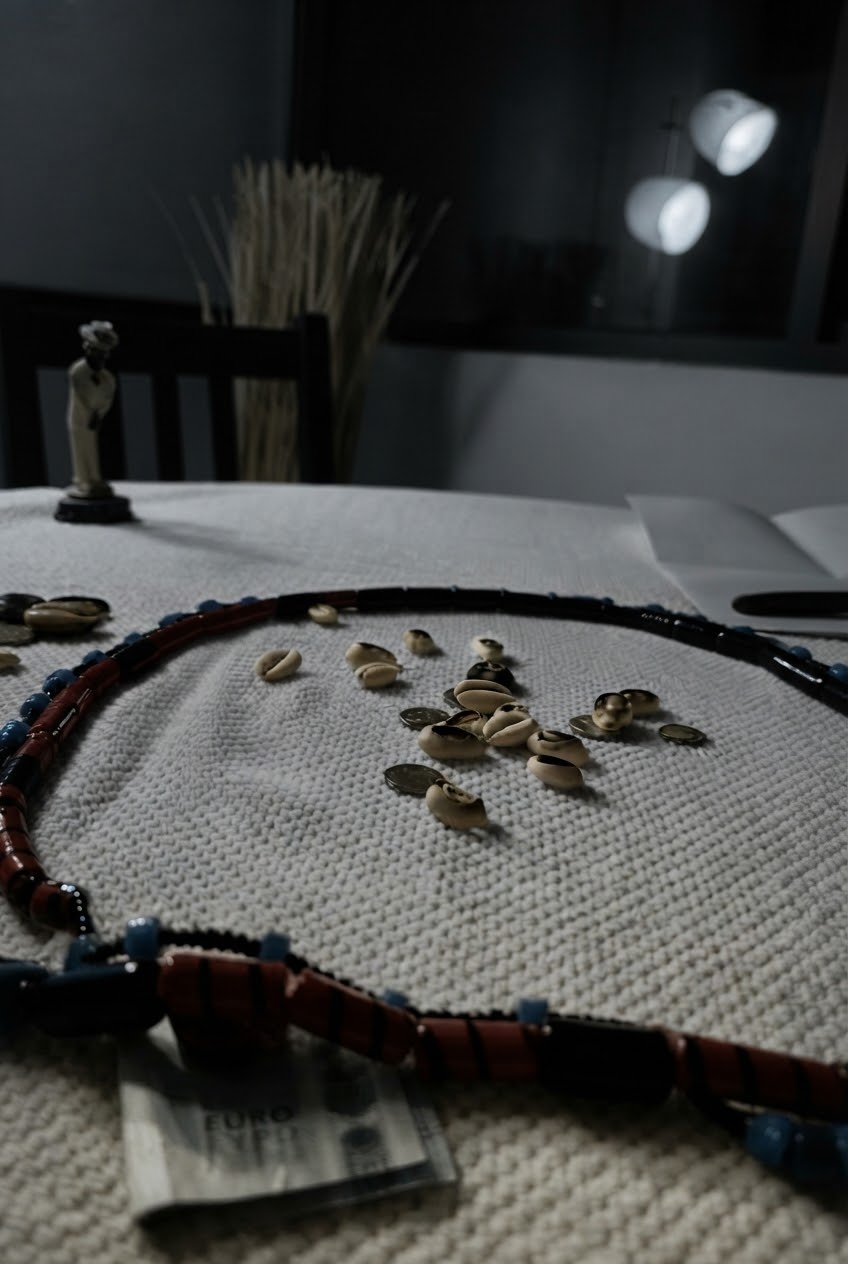 A consultation table with an oracle reading laid out on a cream woven cloth